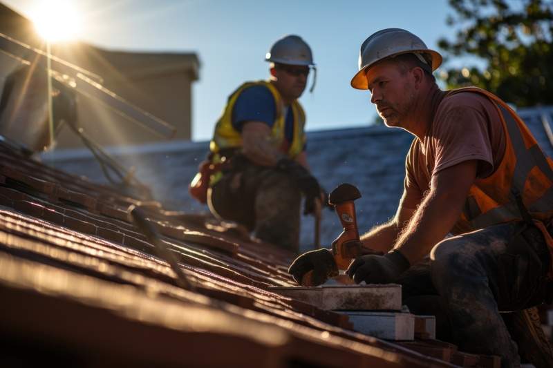 Workers Installing Roof Tiles
