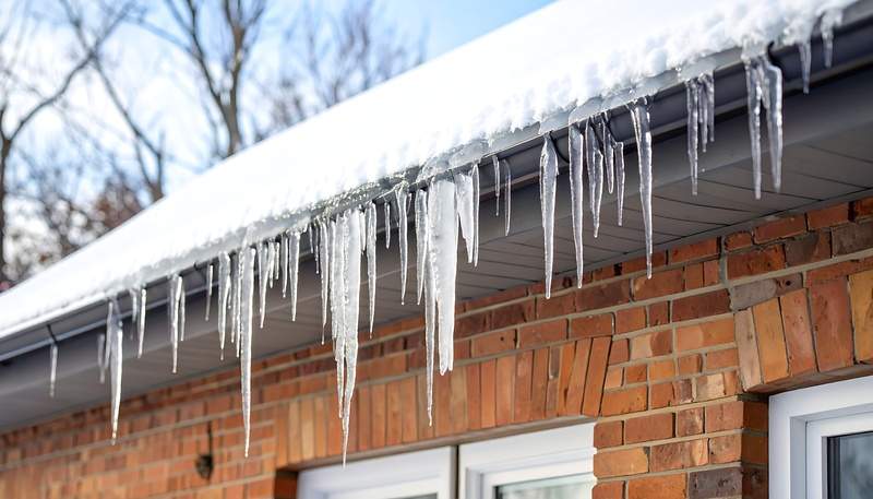 Icicles hanging from a roof edge in winter